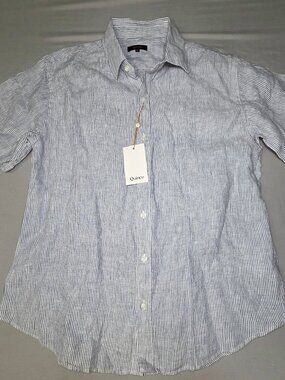 Quince 100% Linen Blue Pinstripe Short Sleeve Button-Up NWT Size L
